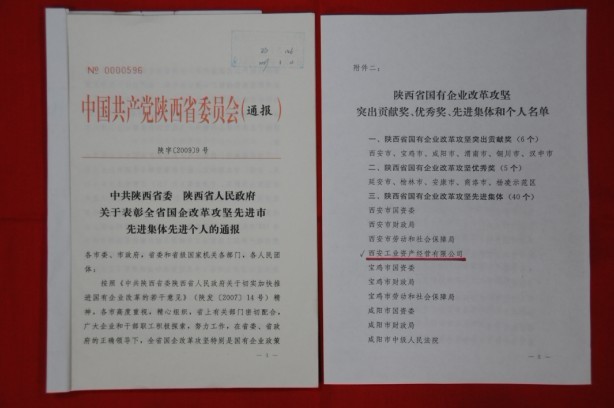 2009年2月，被陜西省委、省政府授予陜西省國有企業(yè)改革攻堅先進集體